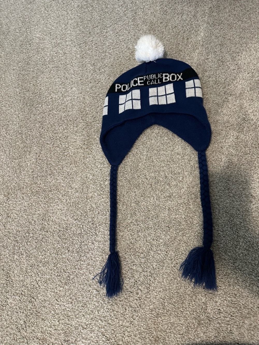 TARDIS Inspired "POLICE PUBLIC CALL BOX" Knit Pom Pom Earflap Hat - Navy
